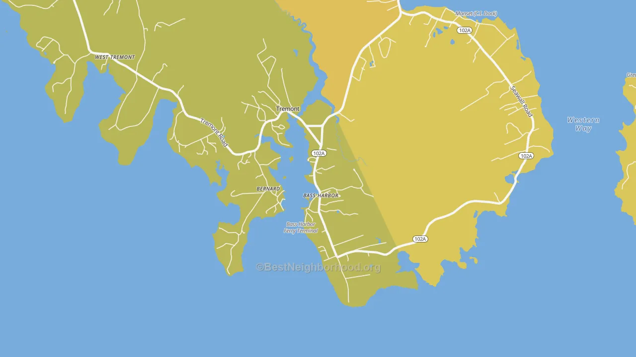 Map of the best neighborhoods in the 04653 area, with better matches in green and worse matches in red