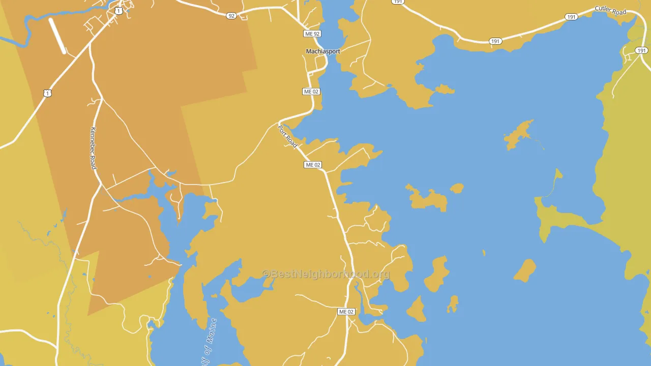 Map of the best neighborhoods in the 04655 area, with better matches in green and worse matches in red