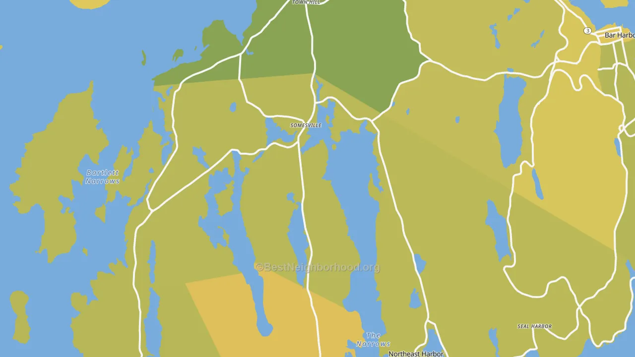 Map of the best neighborhoods in the 04660 area, with better matches in green and worse matches in red