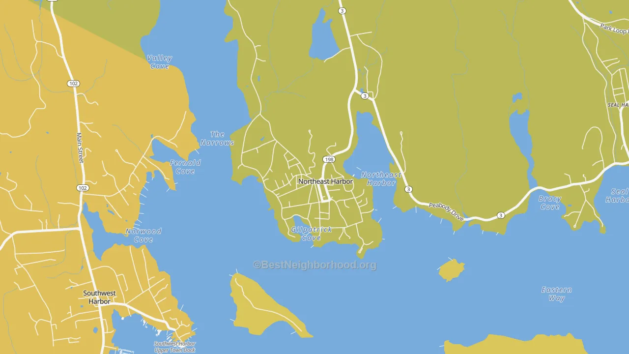 Map of the best neighborhoods in the 04662 area, with better matches in green and worse matches in red