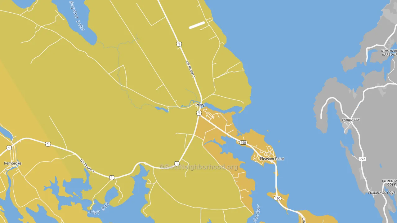 Map of the best neighborhoods in the 04667 area, with better matches in green and worse matches in red