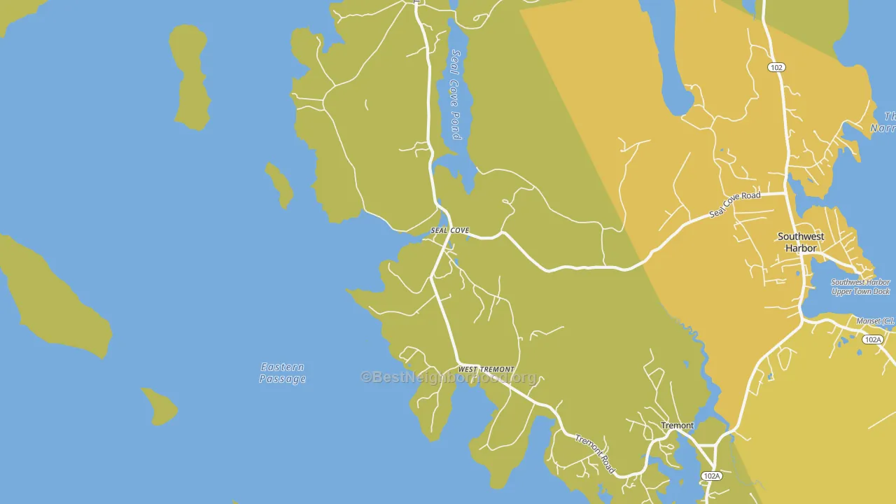 Map of the best neighborhoods in the 04674 area, with better matches in green and worse matches in red
