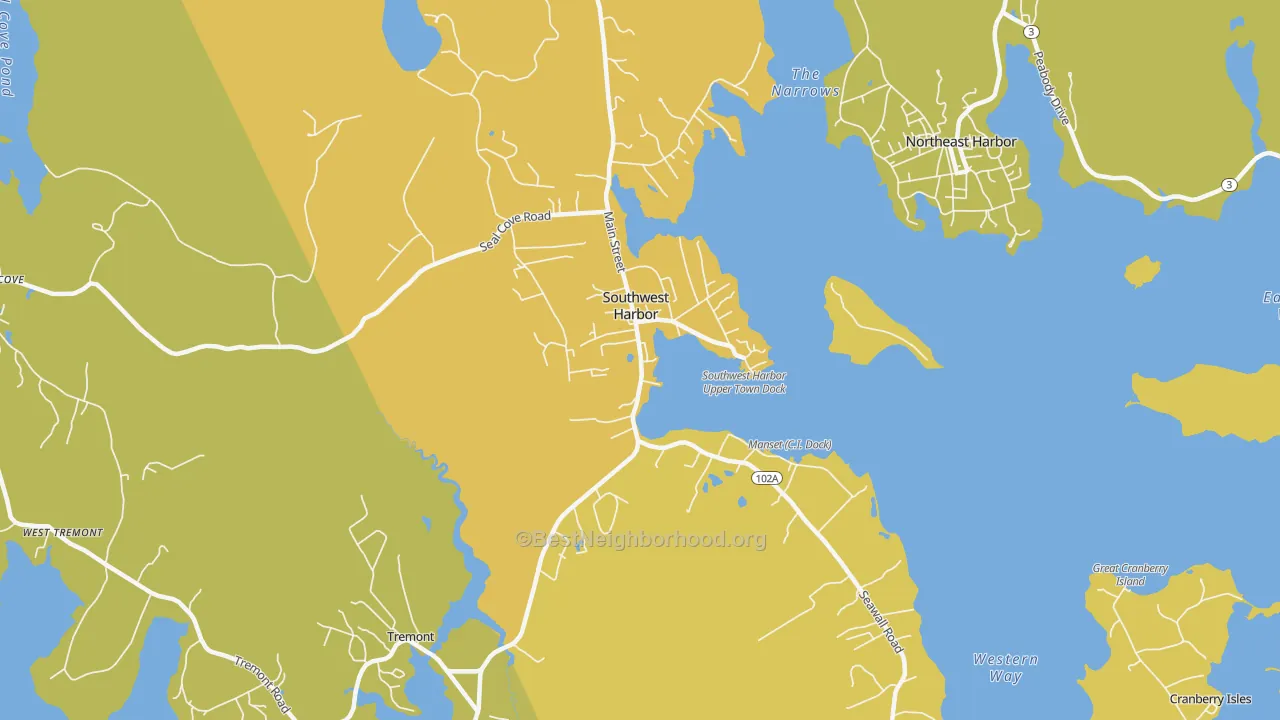 Map of the best neighborhoods in the 04679 area, with better matches in green and worse matches in red