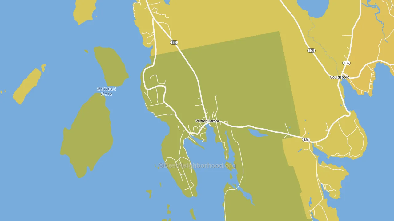 Map of the best neighborhoods in the 04693 area, with better matches in green and worse matches in red