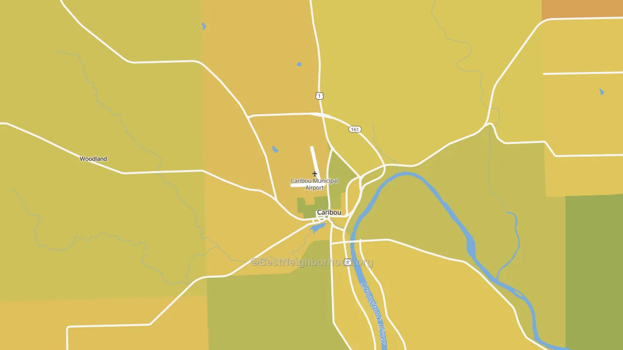 Map of the best neighborhoods in the 04736 area, with better matches in green and worse matches in red