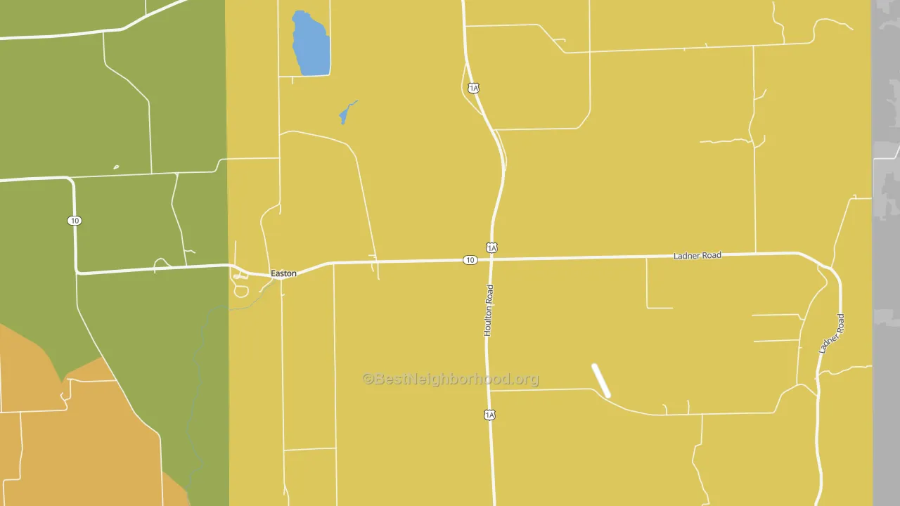 Map of the best neighborhoods in the 04740 area, with better matches in green and worse matches in red