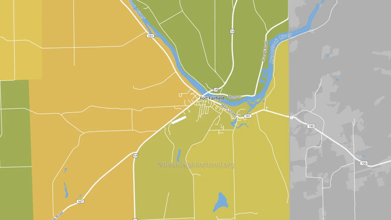 Map of the best neighborhoods in the 04742 area, with better matches in green and worse matches in red