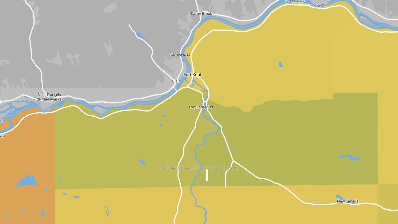 Map of the best neighborhoods in the 04743 area, with better matches in green and worse matches in red