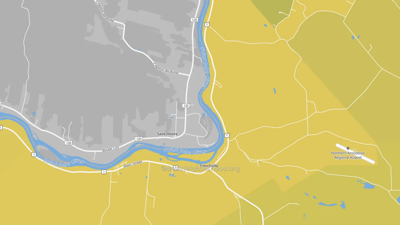 Map of the best neighborhoods in the 04745 area, with better matches in green and worse matches in red