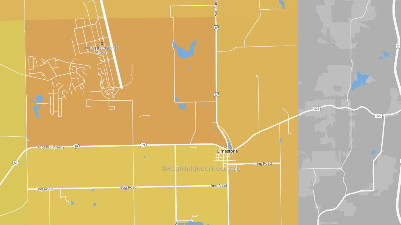 Map of the best neighborhoods in the 04750 area, with better matches in green and worse matches in red