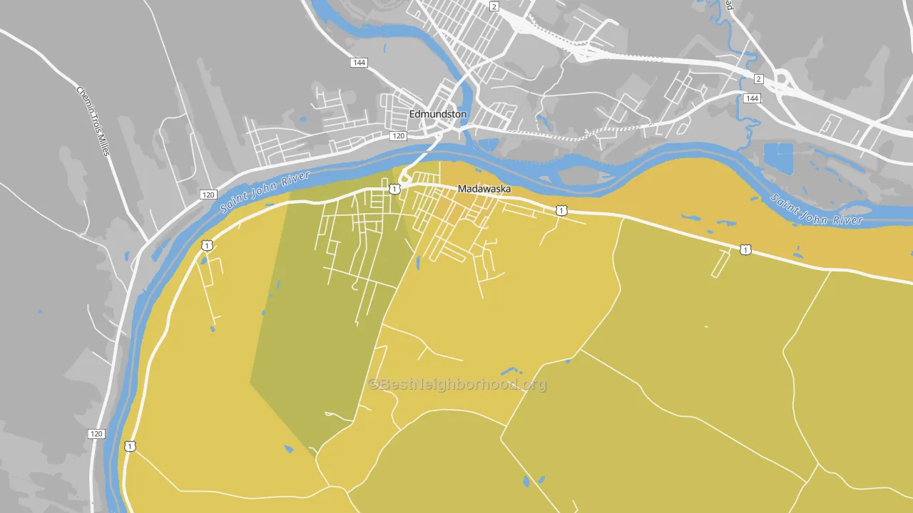 Map of the best neighborhoods in the 04756 area, with better matches in green and worse matches in red