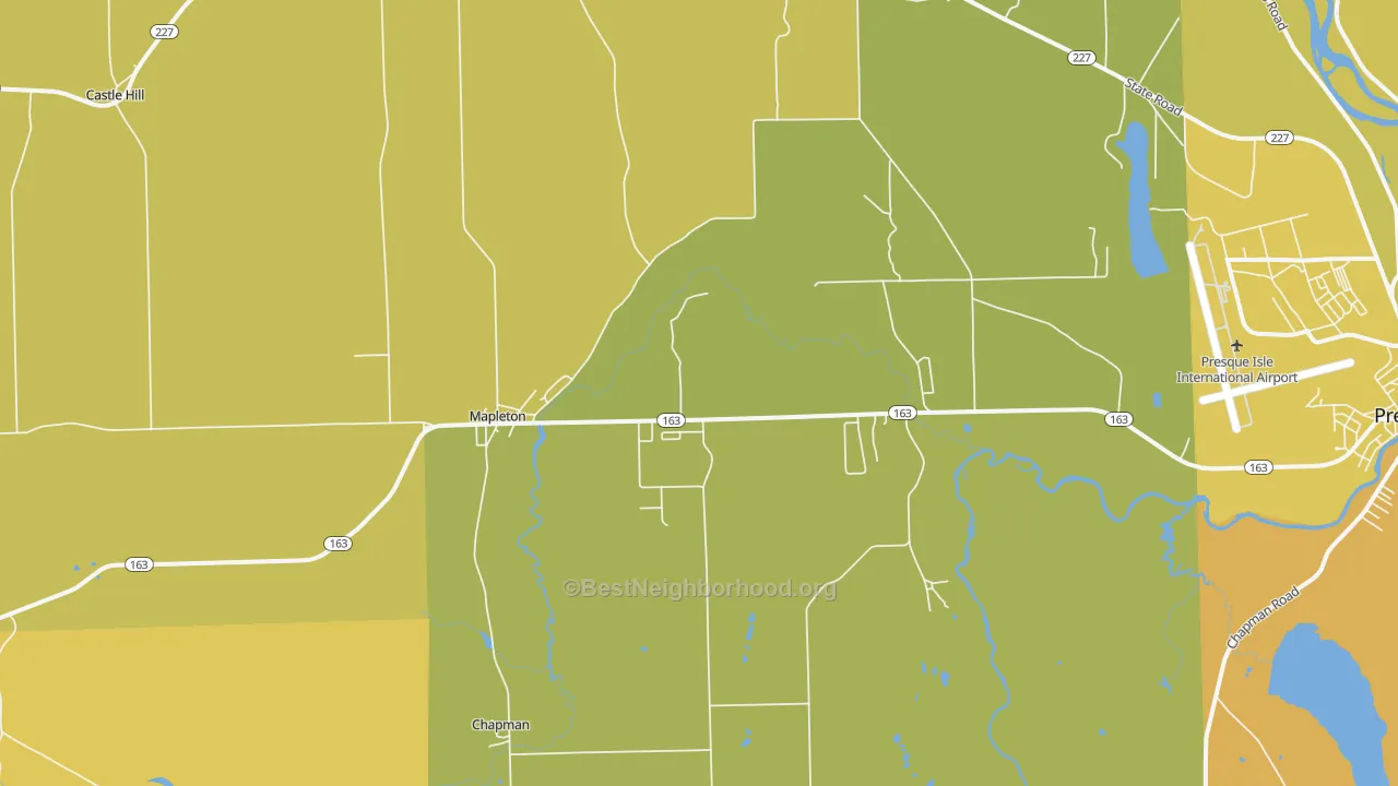Map of the best neighborhoods in the 04757 area, with better matches in green and worse matches in red
