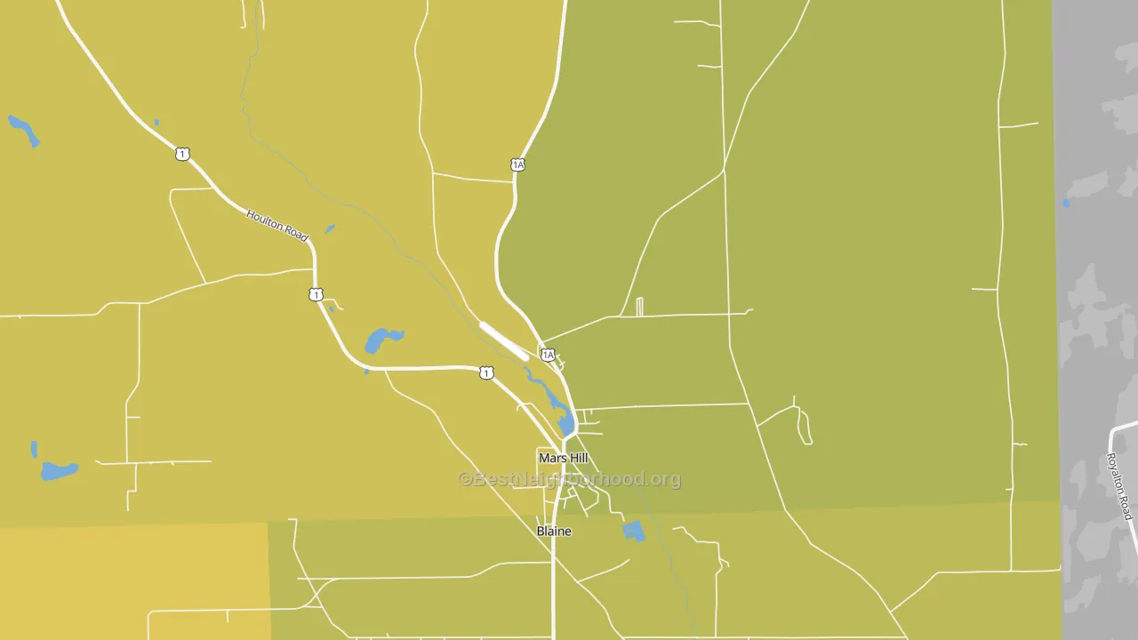 Map of the best neighborhoods in the 04758 area, with better matches in green and worse matches in red