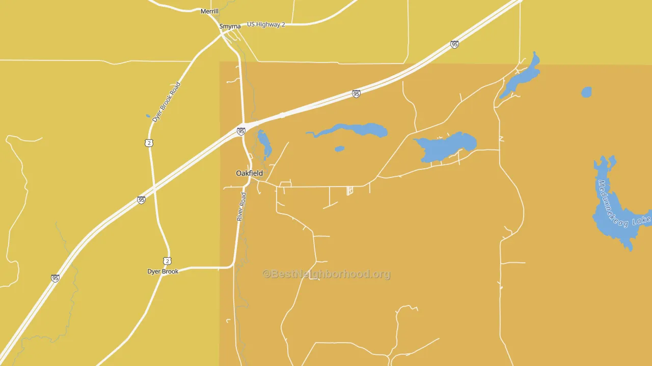 Map of the best neighborhoods in the 04763 area, with better matches in green and worse matches in red