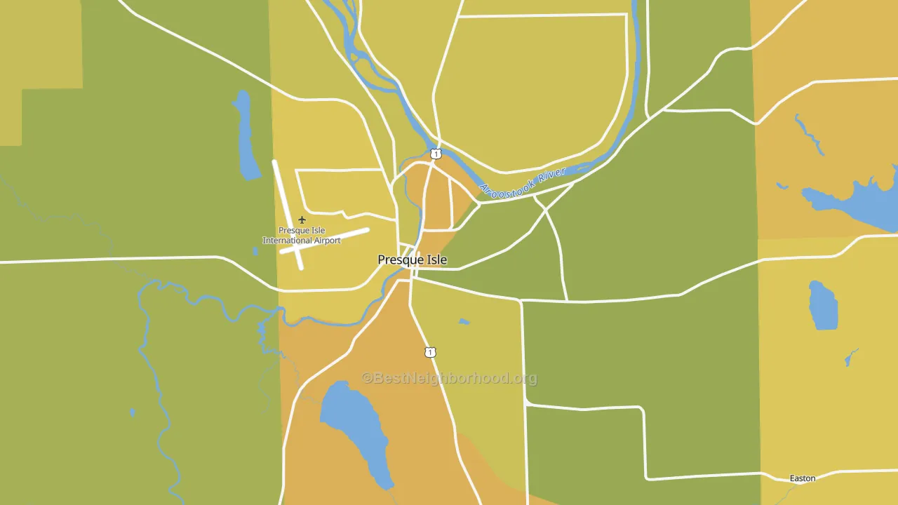 Map of the best neighborhoods in the 04769 area, with better matches in green and worse matches in red