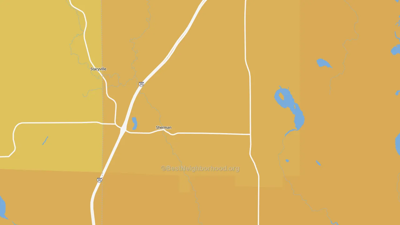 Map of the best neighborhoods in the 04776 area, with better matches in green and worse matches in red