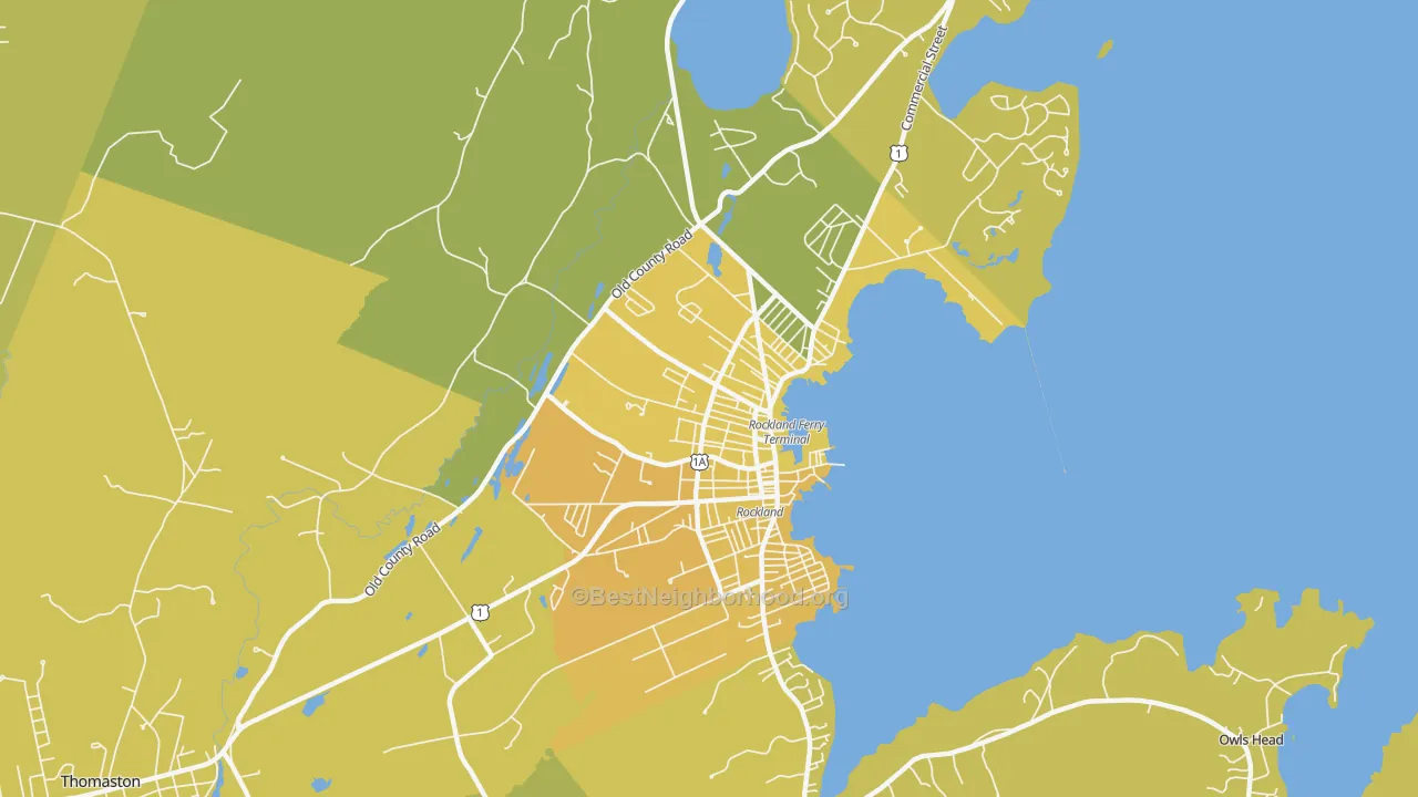 Map of the best neighborhoods in the 04841 area, with better matches in green and worse matches in red