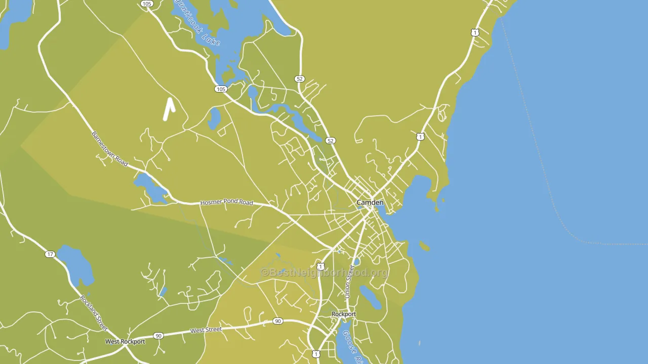 Map of the best neighborhoods in the 04843 area, with better matches in green and worse matches in red