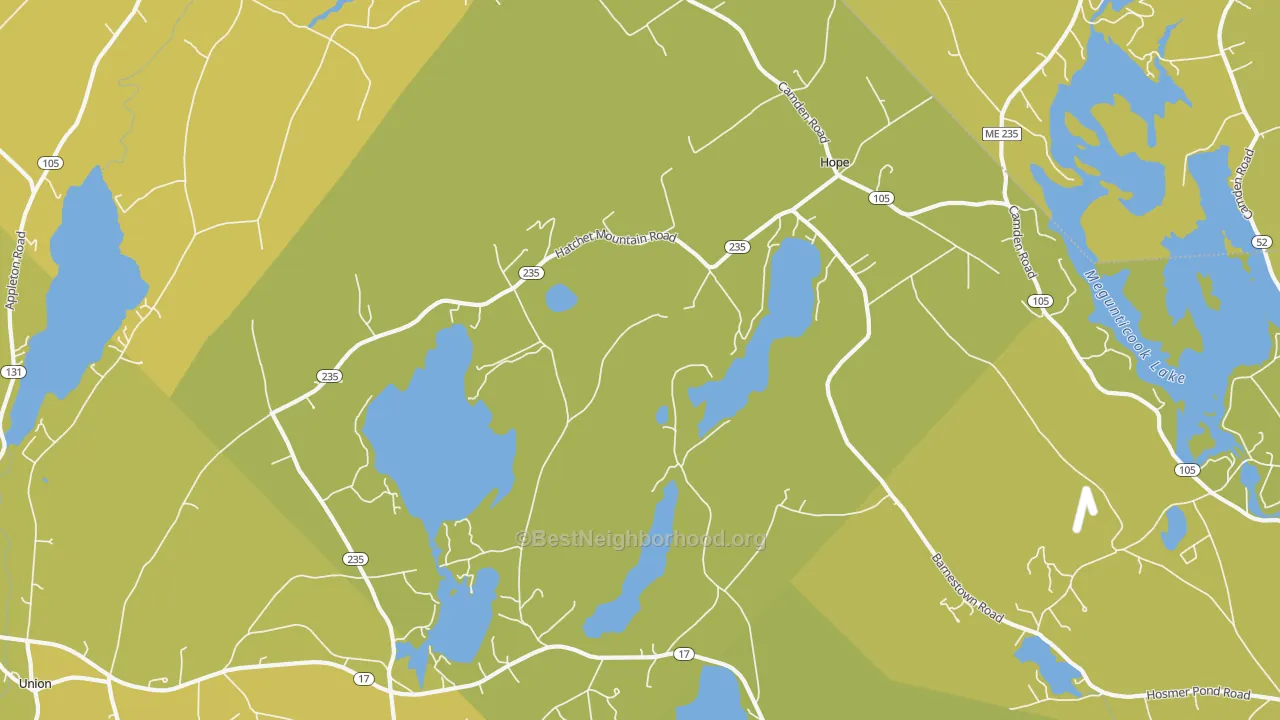 Map of the best neighborhoods in the 04847 area, with better matches in green and worse matches in red