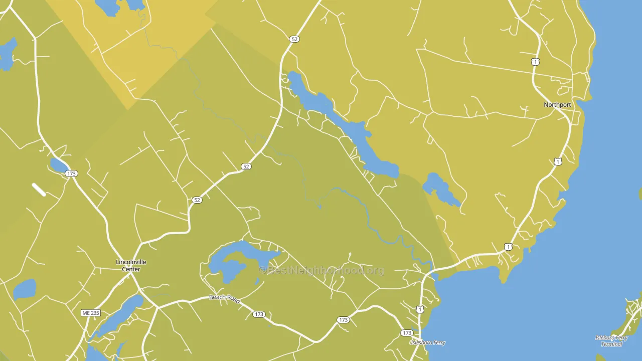 Map of the best neighborhoods in the 04849 area, with better matches in green and worse matches in red