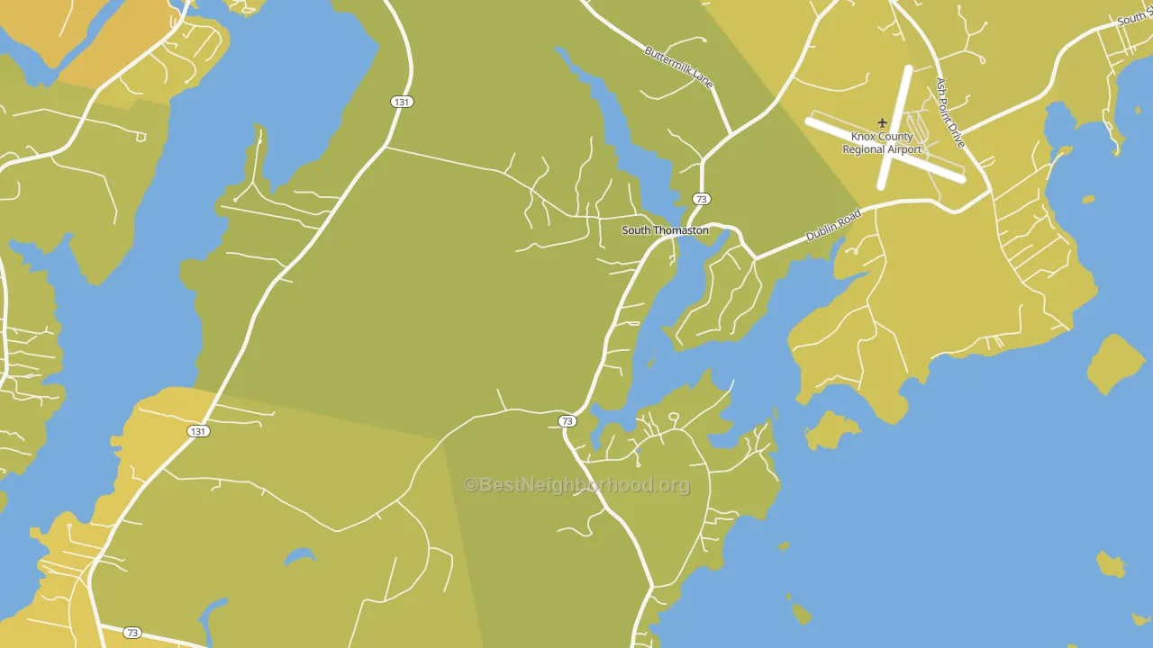 Map of the best neighborhoods in the 04858 area, with better matches in green and worse matches in red