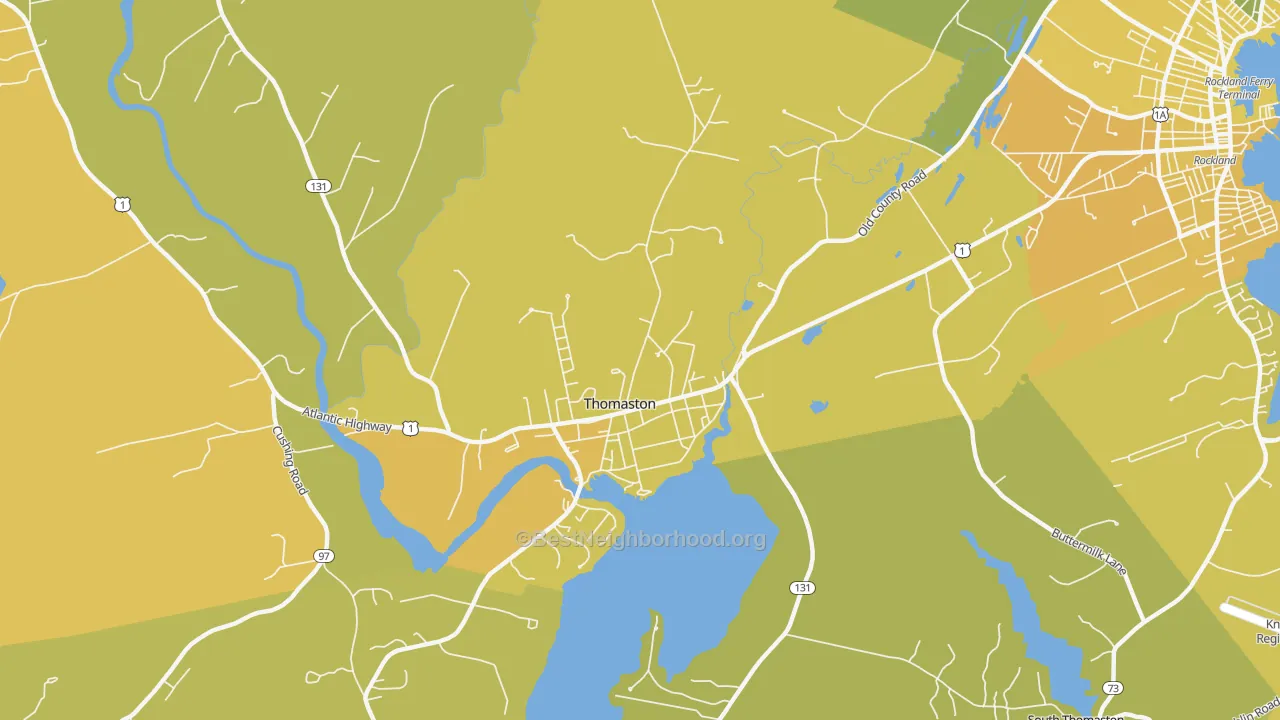 Map of the best neighborhoods in the 04861 area, with better matches in green and worse matches in red