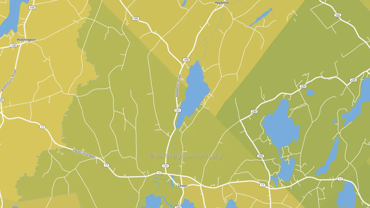 Map of the best neighborhoods in the 04862 area, with better matches in green and worse matches in red