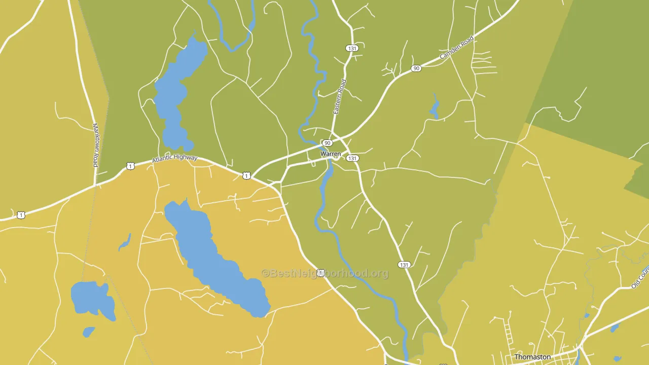 Map of the best neighborhoods in the 04864 area, with better matches in green and worse matches in red