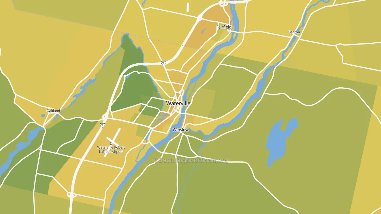 Map of the best neighborhoods in the 04901 area, with better matches in green and worse matches in red