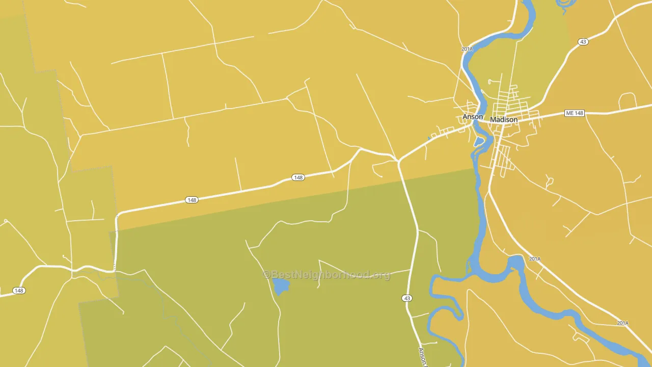 Map of the best neighborhoods in the 04911 area, with better matches in green and worse matches in red
