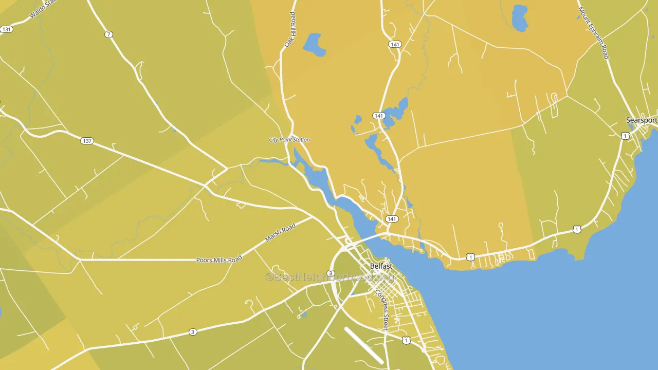 Map of the best neighborhoods in the 04915 area, with better matches in green and worse matches in red