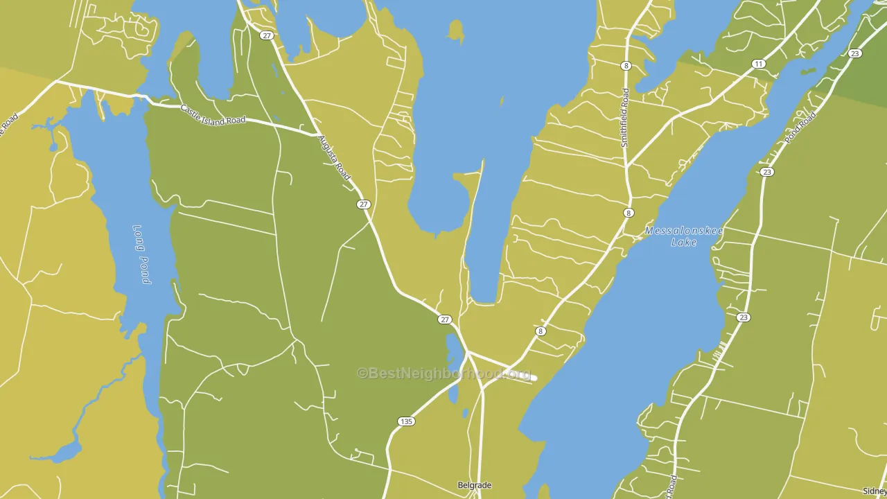 Map of the best neighborhoods in the 04917 area, with better matches in green and worse matches in red