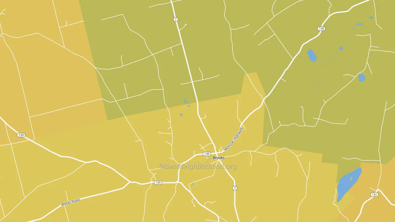 Map of the best neighborhoods in the 04921 area, with better matches in green and worse matches in red