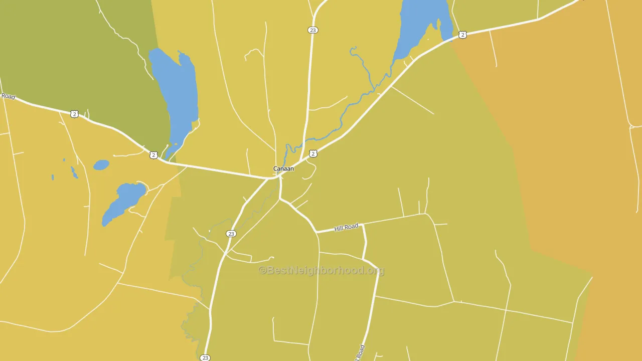 Map of the best neighborhoods in the 04924 area, with better matches in green and worse matches in red