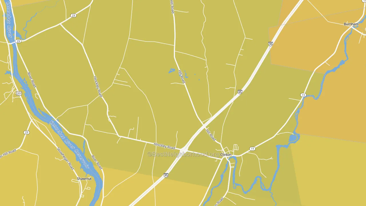 Map of the best neighborhoods in the 04927 area, with better matches in green and worse matches in red