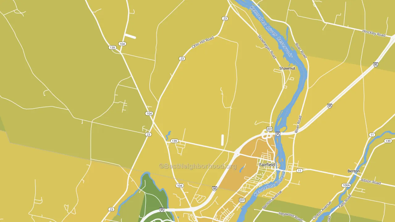 Map of the best neighborhoods in the 04937 area, with better matches in green and worse matches in red