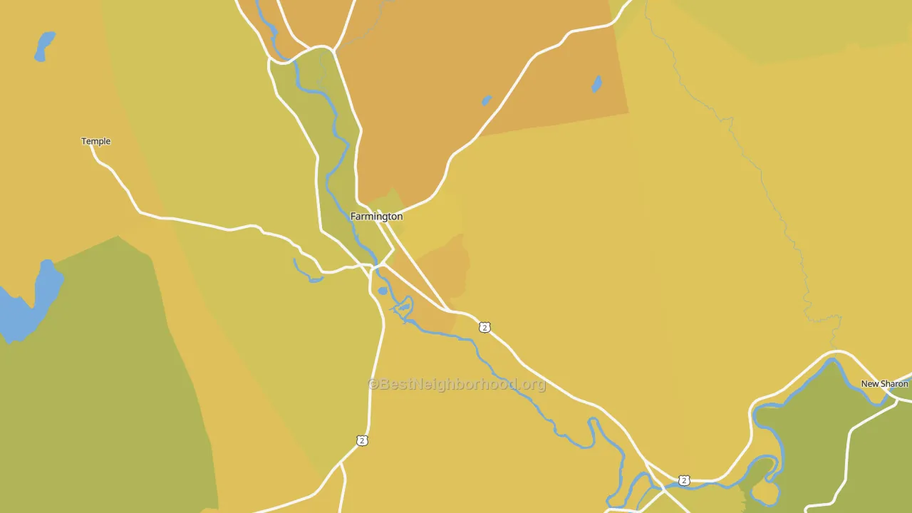 Map of the best neighborhoods in the 04938 area, with better matches in green and worse matches in red