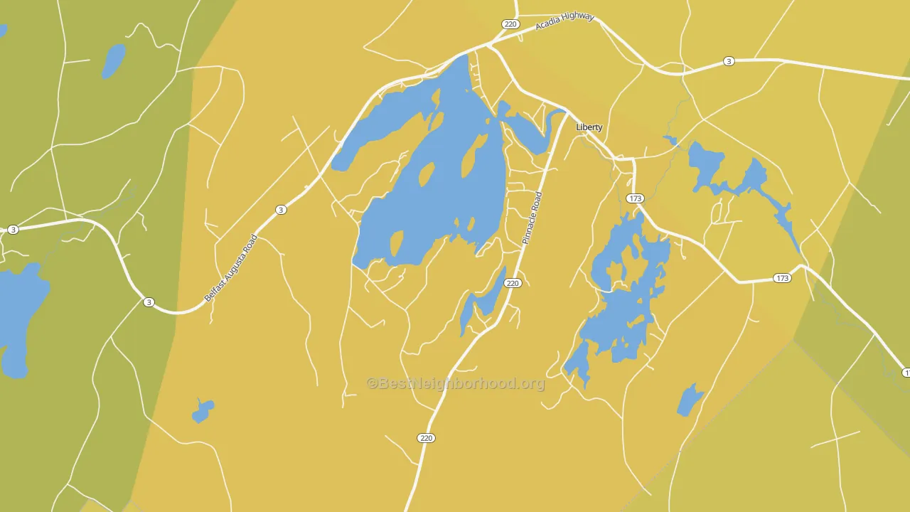 Map of the best neighborhoods in the 04949 area, with better matches in green and worse matches in red