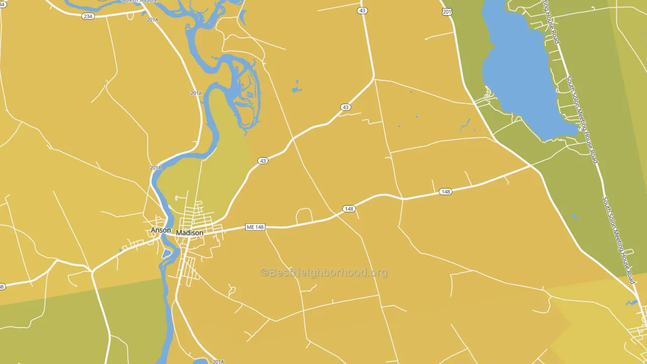 Map of the best neighborhoods in the 04950 area, with better matches in green and worse matches in red
