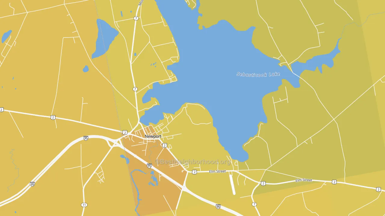 Map of the best neighborhoods in the 04953 area, with better matches in green and worse matches in red