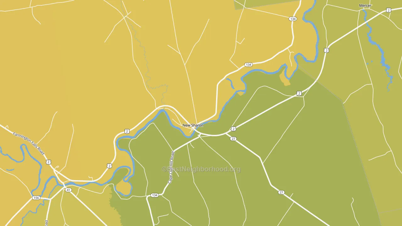 Map of the best neighborhoods in the 04955 area, with better matches in green and worse matches in red