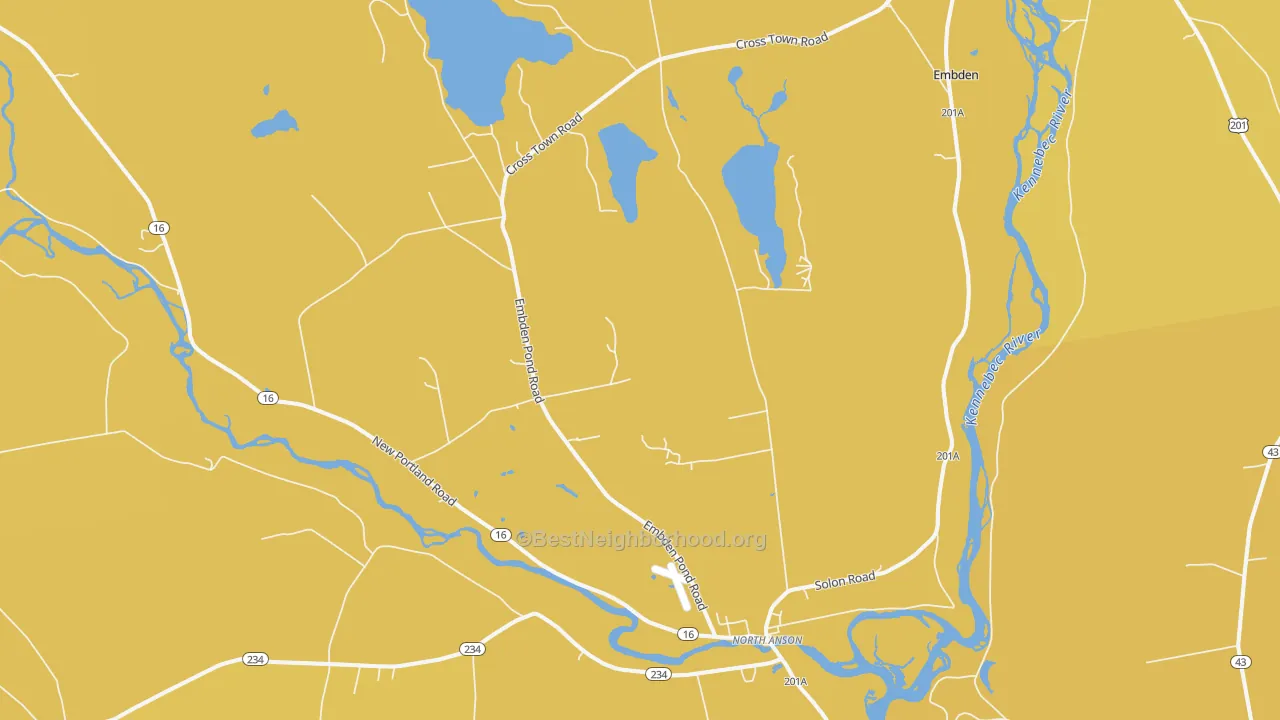 Map of the best neighborhoods in the 04958 area, with better matches in green and worse matches in red
