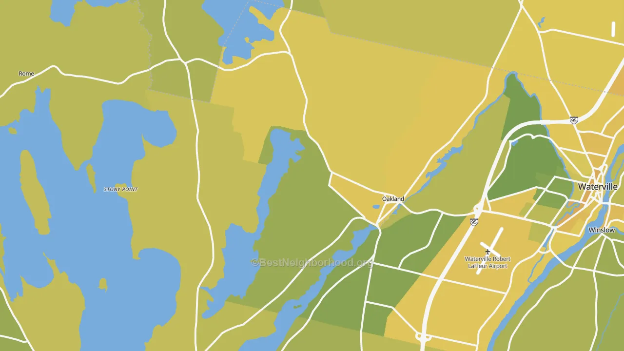 Map of the best neighborhoods in the 04963 area, with better matches in green and worse matches in red