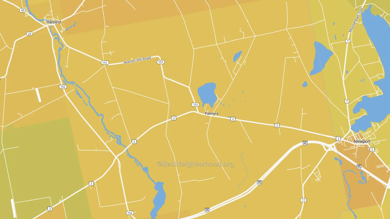 Map of the best neighborhoods in the 04965 area, with better matches in green and worse matches in red