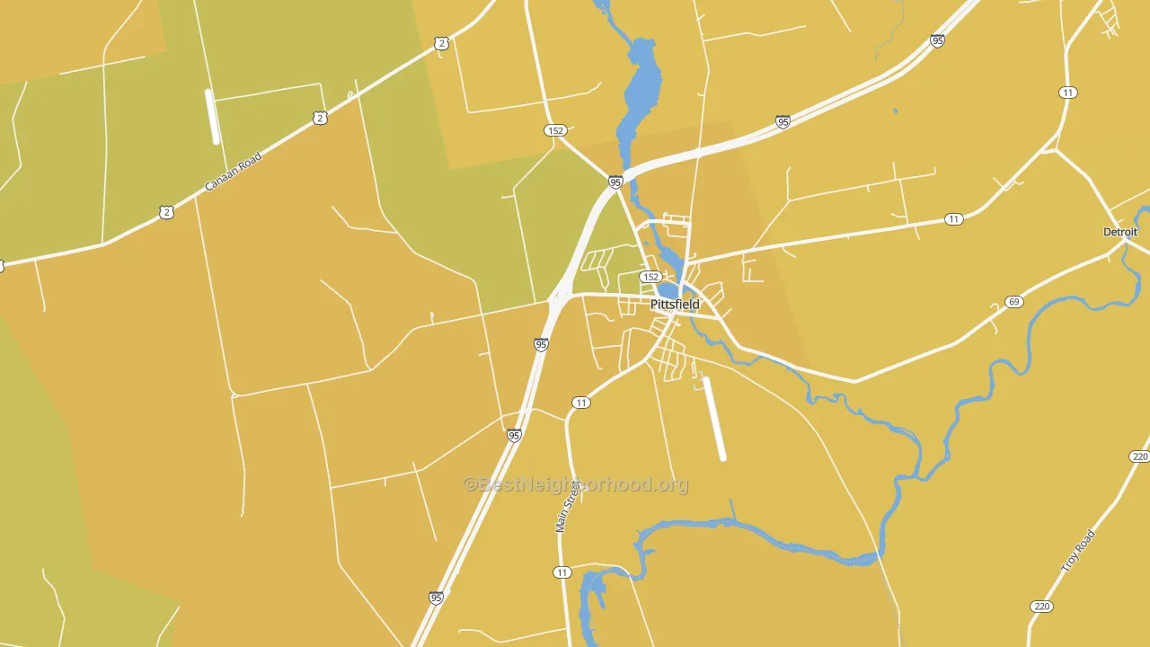 Map of the best neighborhoods in the 04967 area, with better matches in green and worse matches in red