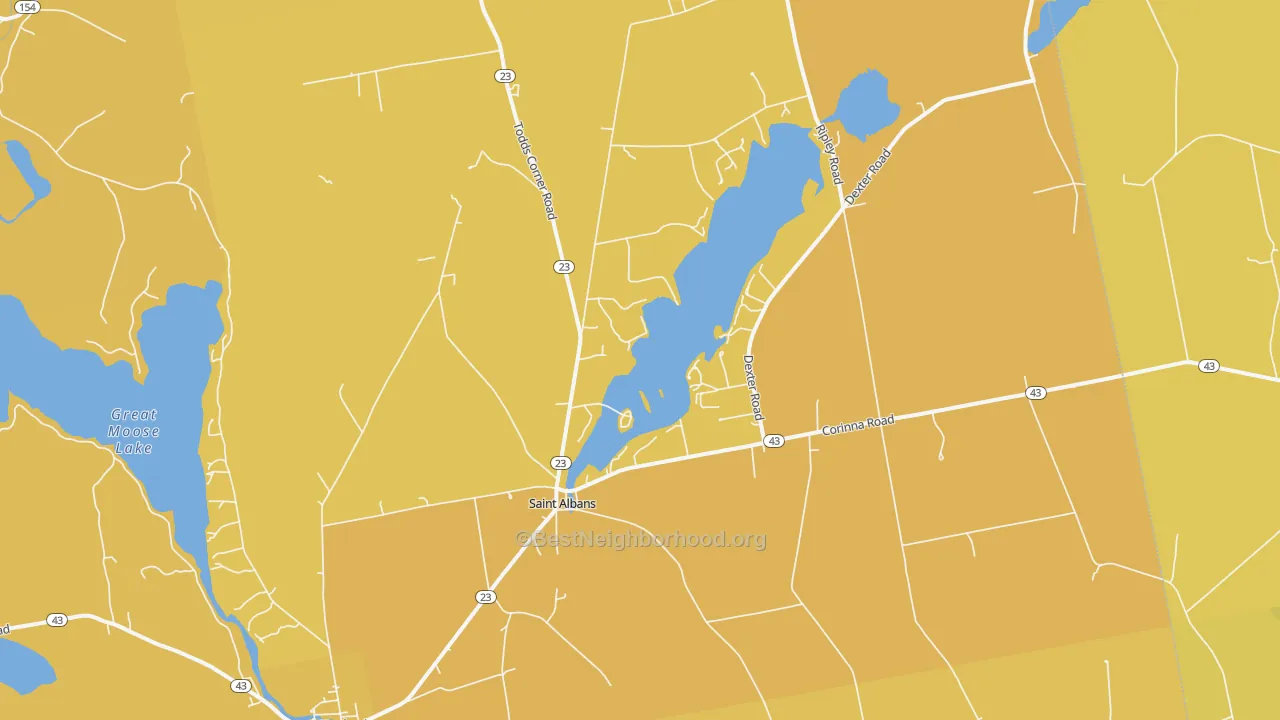 Map of the best neighborhoods in the 04971 area, with better matches in green and worse matches in red