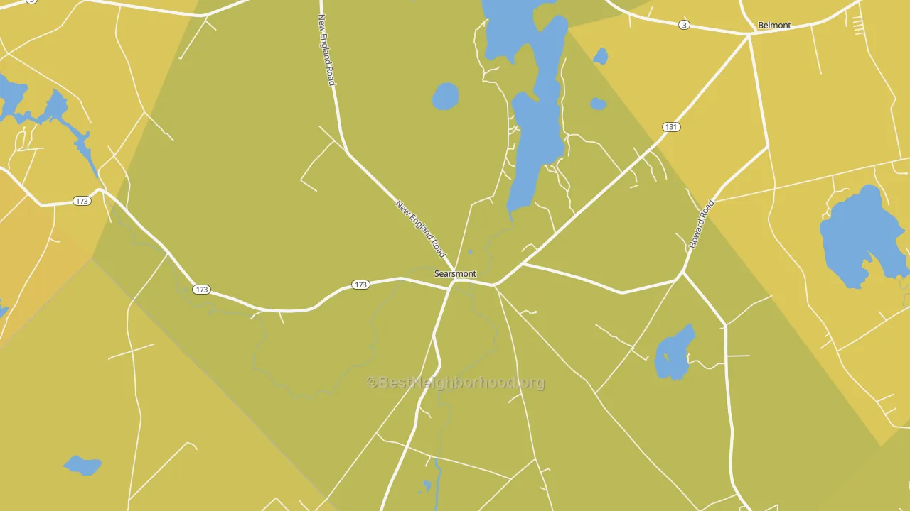 Map of the best neighborhoods in the 04973 area, with better matches in green and worse matches in red