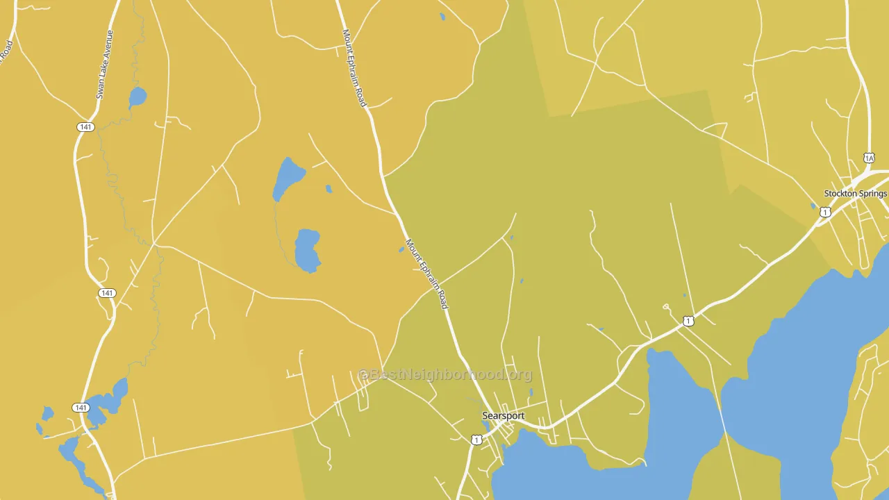 Map of the best neighborhoods in the 04974 area, with better matches in green and worse matches in red