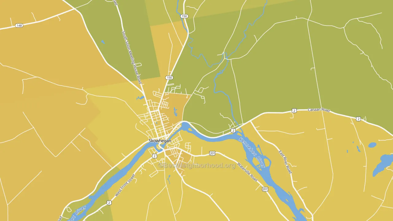 Map of the best neighborhoods in the 04976 area, with better matches in green and worse matches in red