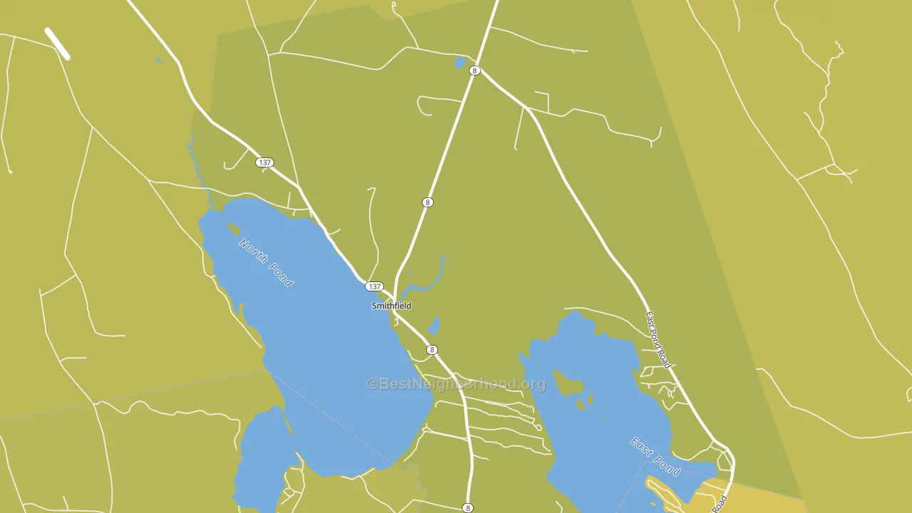 Map of the best neighborhoods in the 04978 area, with better matches in green and worse matches in red